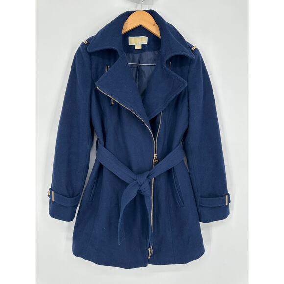 Michael Kors Wool Blend Belted Peacoat Classic Preppy Collared Jacket Navy Blue - Picture 5 of 15